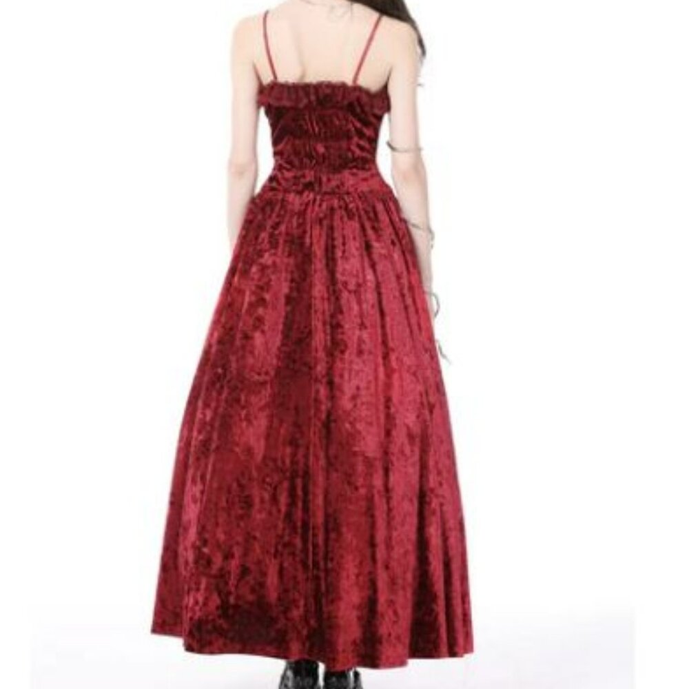 Dark In Love Blood Rose Red Velvet & Lace Gothic Maxi Dress w/ Chain Accent XL - Picture 3 of 16
